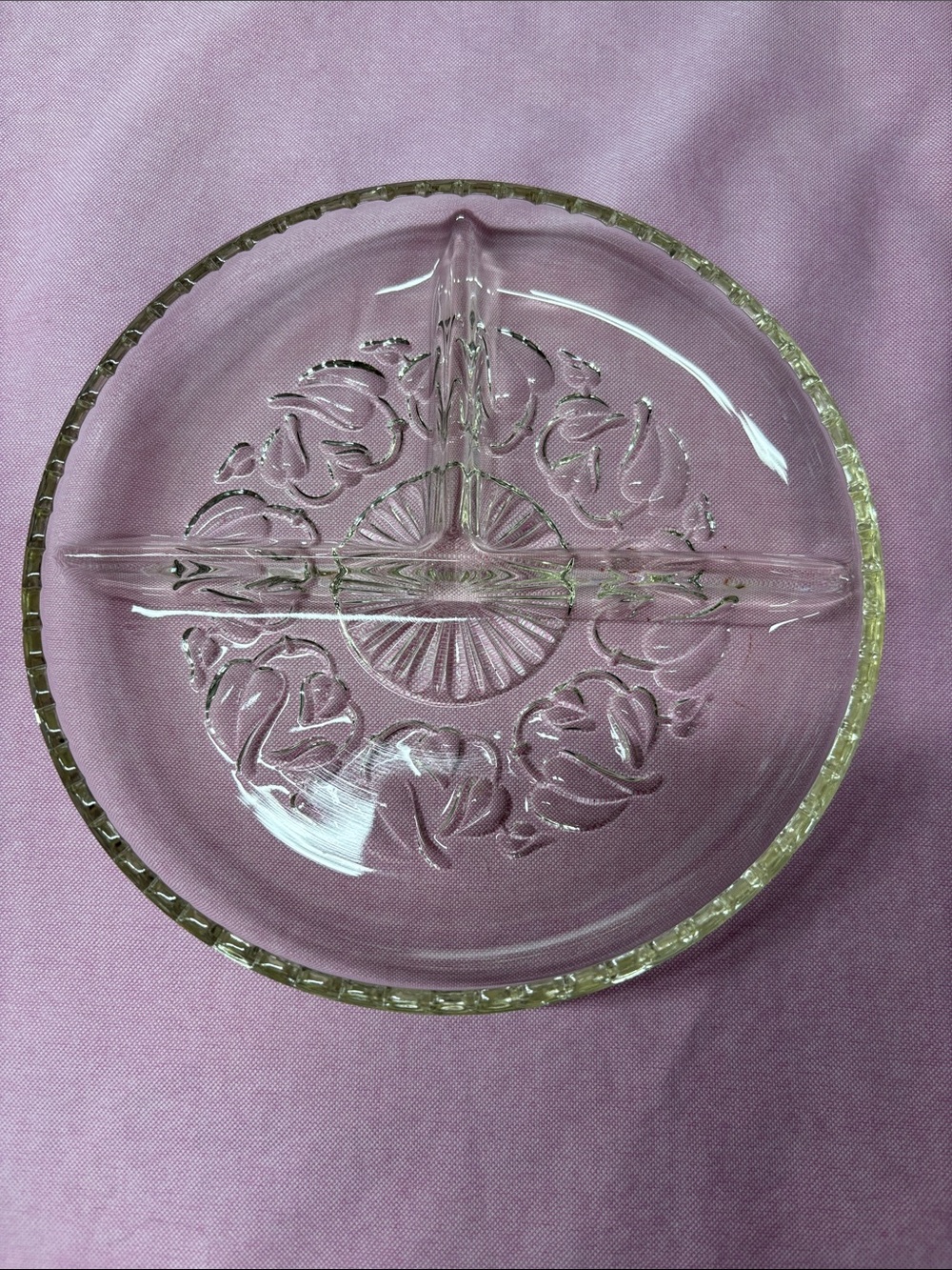 Vintage Clear Divided Glass Dish with Leaf Motif circa 1939-1950